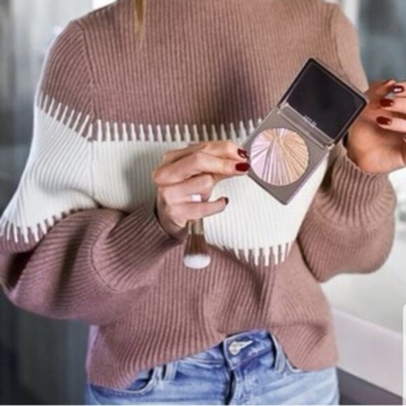 Nordstrom Mocha & Cream Mock Neck Ribbed Puff Sleeve Knit Sweater Soft size M - Picture 1 of 11